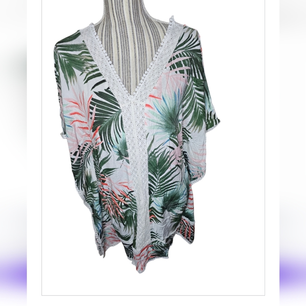 Weekend Women's Multicolor Leaf Print Kimono with Lace Trim Size XL